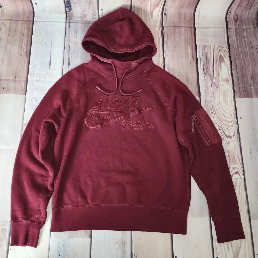Nike Sportswear Block Futura Hoodie Mens Small Burgundy Raised Logo Reverse Back